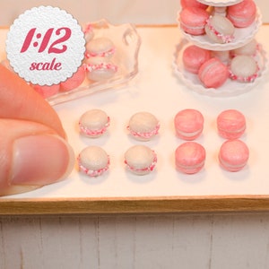 1:12 Miniature Macarons Pink & White Pearl 8pc, Peppermint Macaroons for One Inch Scale Dollhouse, Miniature French Macaron Cookies image 1