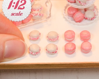 1:12 Miniature Macarons - Pink & White Pearl (8pc), Peppermint Macaroons for One Inch Scale Dollhouse, Miniature French Macaron Cookies