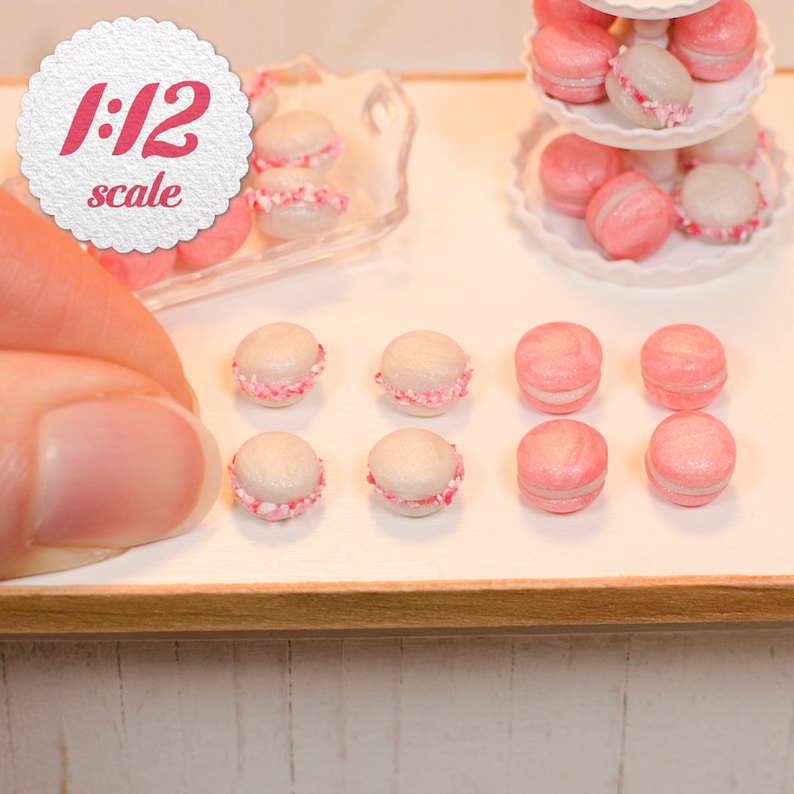 1:12 Miniature Macarons Pink & White Pearl 8pc, Peppermint Macaroons for One Inch Scale Dollhouse, Miniature French Macaron Cookies image 1