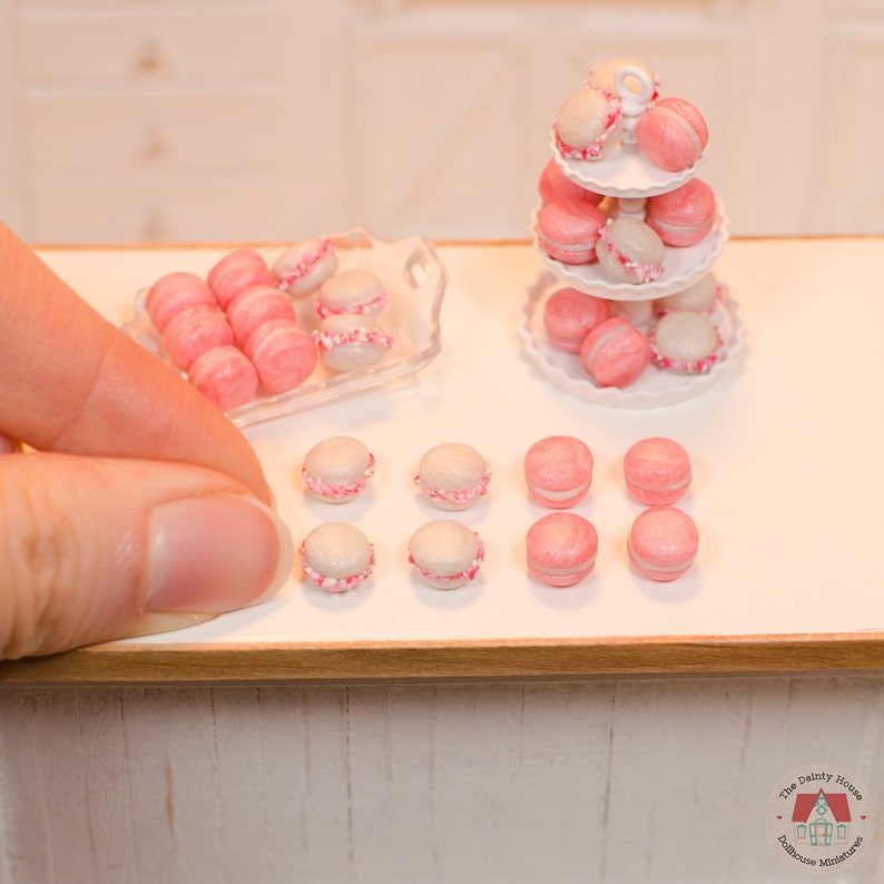 1:12 Miniature Macarons Pink & White Pearl 8pc, Peppermint Macaroons for One Inch Scale Dollhouse, Miniature French Macaron Cookies image 2
