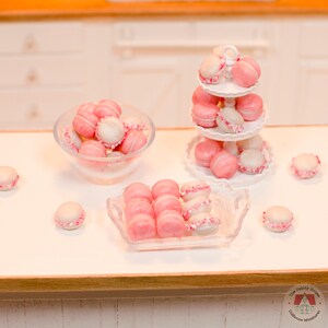 1:12 Miniature Macarons Pink & White Pearl 8pc, Peppermint Macaroons for One Inch Scale Dollhouse, Miniature French Macaron Cookies image 4