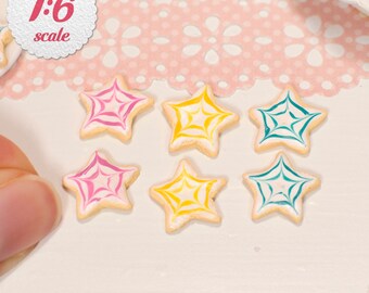 1:6 Miniature Star Cookies - Yellow, Pink, Blue (6pc), Playscale Cookies, 1/6 Dessert Food for Dollhouse