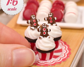 1:6 Miniature Gingerbread Cupcakes (3pc), Playscale Christmas Cupcakes, Dollhouse Cupcakes for the Holidays