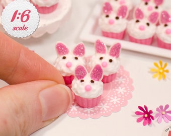 1:6 Miniature Bunny Cupcakes (3pc), Mini Easter Cupcakes for Playscale Dolls or 1/6 Scale Dollhouse