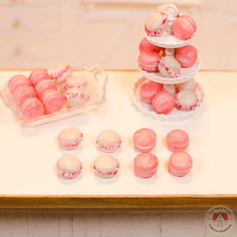 1:12 Miniature Macarons Pink & White Pearl 8pc, Peppermint Macaroons for One Inch Scale Dollhouse, Miniature French Macaron Cookies image 3