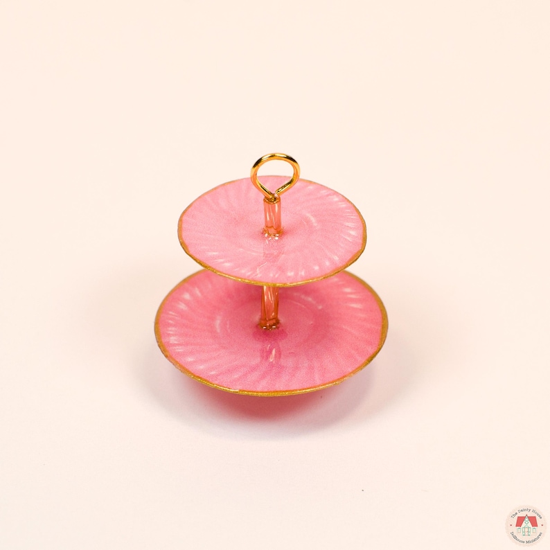 Soporte de postres en miniatura de 2 niveles a escala 1:12, bandeja escalonada para casa de muñecas, mini expositor de té. Pink Solid