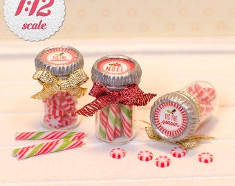 1:12 Scale Miniature Candy Jar - Christmas, Mini Holiday Peppermint Jar for One Inch Scale Dollhouse