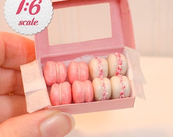 1:6 Miniature Macarons - Pink & White Pearl (8pc), Playscale Valentine's Day Macaroons, Pink Miniature French Macaroon Cookies