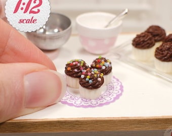 1:12 Miniature Cupcakes - Chocolate w/ Sprinkles (3pc), Mini Cupcakes for One Inch Scale Dollhouse,