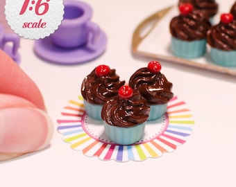 1:6 Miniature Cupcakes - Chocolate w/ Cherries (3pc), Playscale Cupcakes