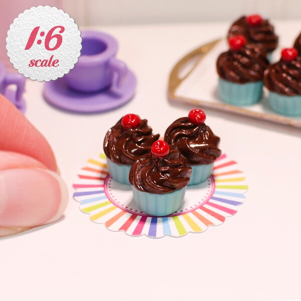 1:6 Miniature Cupcakes - Chocolate w/ Cherries (3pc), Playscale Cupcakes