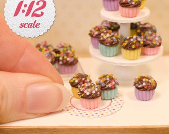 1:12 Miniature Cupcakes - Chocolate w/ Sprinkles, One Inch Scale Dollhouse Food