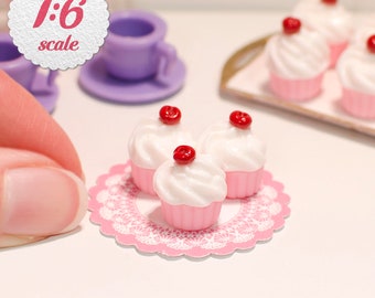 1:6 Miniature Cupcakes - Vanilla w/ Cherries (3pc), Playscale Cupcakes for 12-inch Fashion Dolls