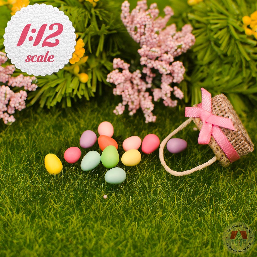 1:12 Scale Miniature Easter Basket & Egg Set (loose), 12 Mini Colored ...