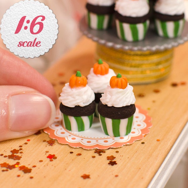 1:6 Miniature Pumpkin Cupcake (3pc), Miniature Playscale Halloween Cupcakes, Miniature Cupcakes for Fall