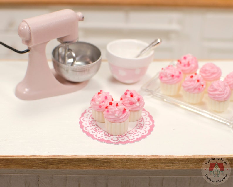 1:12 Miniature Cupcakes Pink w/ Sprinkles 3pc, Mini Cupcakes for One Inch Scale Dollhouse, image 4