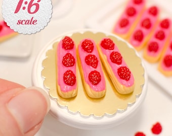 1:6 Miniature Eclairs Pink Raspberry (3pc), Miniature Pastries for Playscale Scale Dollhouse Desserts