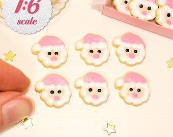 1:6 Miniature Christmas Cookies - Pink Santa (6pc),  Mini Holiday Sugar Cookies for 12-inch Dolls or Playscale Dollhouse