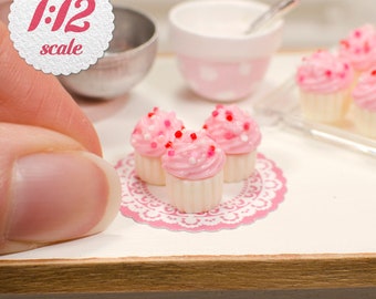1:12 Miniature Cupcakes - Pink w/ Sprinkles (3pc), Mini Cupcakes for One Inch Scale Dollhouse,