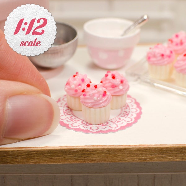 1:12 Miniature Cupcakes - Pink w/ Sprinkles (3pc), Mini Cupcakes for One Inch Scale Dollhouse,