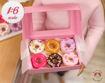 1:6 Miniature Donuts - Colorful Mix (6 pc), Box of Donuts for Playscale Dolls or Dollhouse, Miniature Dollhouse Dessets