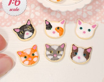 1:6 Miniature Cat Cookies (6pc), Mini Sweets 1/6 Playscale Dollhouse Fake Food