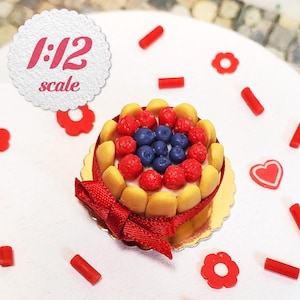 1:12 Miniature Charlotte Cake with Berries, One Inch Scale Mini Dessert for 1/12 Dolls and Dollhouse