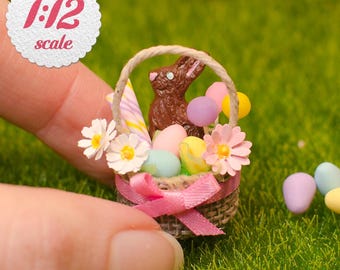 1:12 Scale Miniature Easter Basket, One Inch Scale Dollhouse Easter Egg Basket w/ Chocolate Bunny