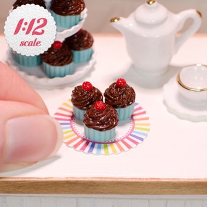 1:12 Miniature Cupcakes - Chocolate w/ Cherries (3pc), Mini Cupcakes for One Inch Scale Dollhouse,
