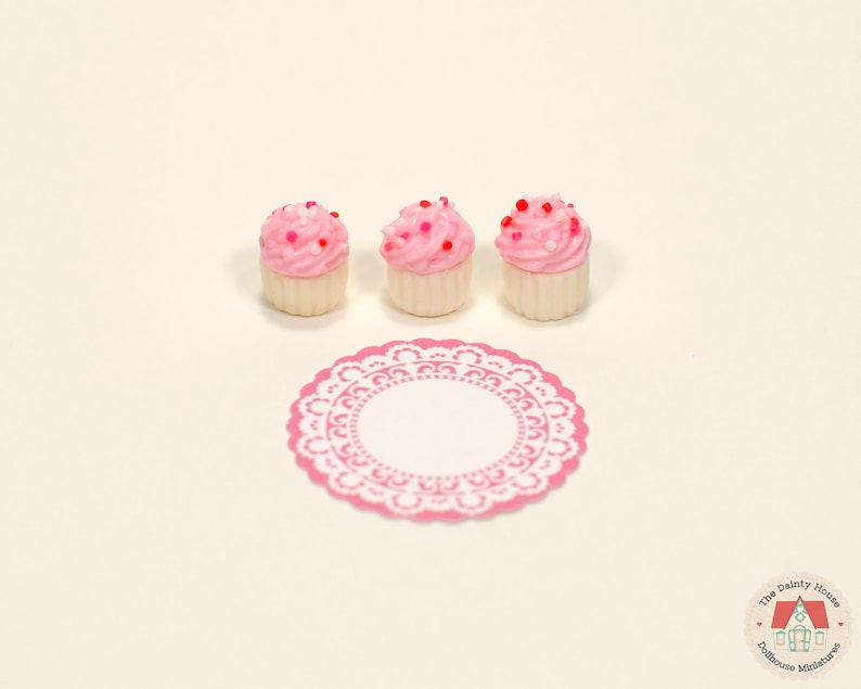 1:12 Miniature Cupcakes Pink w/ Sprinkles 3pc, Mini Cupcakes for One Inch Scale Dollhouse, image 3