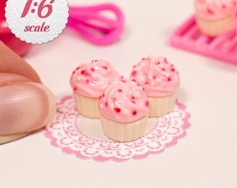 1:6 Miniature Cupcakes - Pink w/ Sprinkles (3pc), Playscale Cupcakes for Dollhouse
