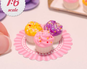 1:6 Miniature Cupcakes - Pink, Purple & Yellow w/ Sprinkles (3pc), Playscale Cupcakes