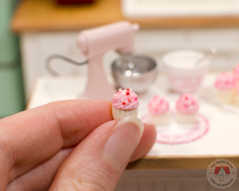 1:12 Miniature Cupcakes Pink w/ Sprinkles 3pc, Mini Cupcakes for One Inch Scale Dollhouse, image 5
