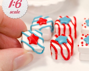 1:6 Miniature Petit Fours - Independence's Day (8pc), Playscale Mini Cakes for 12-inch Dolls, 1/6 Scale Dollhouse Food