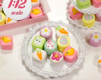 1:12 Miniature Easter Petit Fours (8pc), Mini Cakes for One Inch Scale Dollhouse, 1/12 Scale Easter Food for Dollhouse