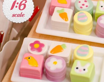 1:6 Miniature Easter Petit Fours (8pc), Playscale Mini Cakes, 1/6 Scale Dollhouse Food for Spring or Easter