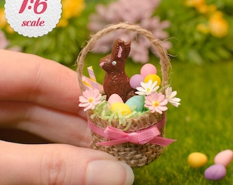 1:6 Scale Miniature Easter Basket, Playscale Dollhouse Easter Egg Basket w/ Chocolate Bunny