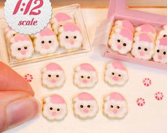 1:12 Miniature Christmas Cookies - Pink Santa (6pc), Mini Holiday Sugar Cookies for One Inch Scale Dolls or Dollhouse
