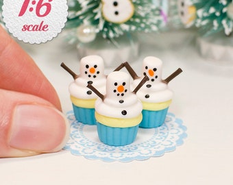 1:6 Miniature Snowman Cupcakes (3pc), Christmas Cupcakes for Playscale Dollhouse or 12-inch Dolls