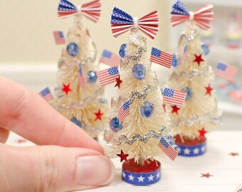 Miniature 4th of July Tree for 1:12 Scale Dollhouse, Mini Americana Tree One Inch Scale, 1/12th Scale Independence Day Decoration