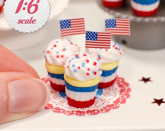 1:6 Miniature Cupcakes - Independence Day (3pc), Playscale Dollhouse Cupcakes for 4th of July, Labor day, Memorial day, 12-inch Doll Food