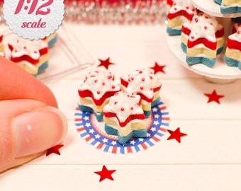 1:12 Miniature Star Cakes - Independence Day (3pc), One Inch Scale Mini 4th of July Cakes for 1/12 Dolls and Dollhouse