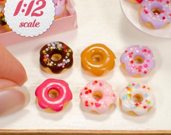 1:12 Miniature Donuts - Colorful Mix (6 pc), Doughnuts for One Inch Scale Dollhouse, Mini Box of Donuts