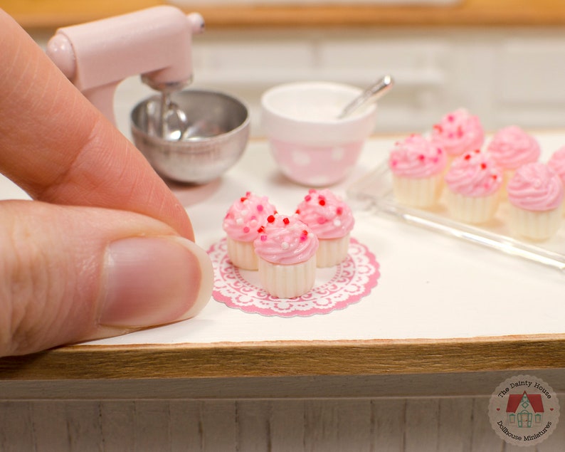 1:12 Miniature Cupcakes Pink w/ Sprinkles 3pc, Mini Cupcakes for One Inch Scale Dollhouse, image 2