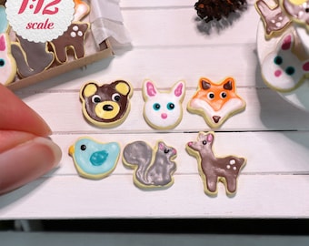 1:12 Miniature Cookies - Woodland Animals (6pc), Mini Sugar Cookies for One-Inch Scale Dollhouse, Miniature Box of Cookies, Dollhouse Food