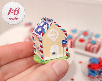 1:6 Miniature Gingerbread House - Independence day, Playscale Gingerbread House, 4th of July Decoration for Dollhouse