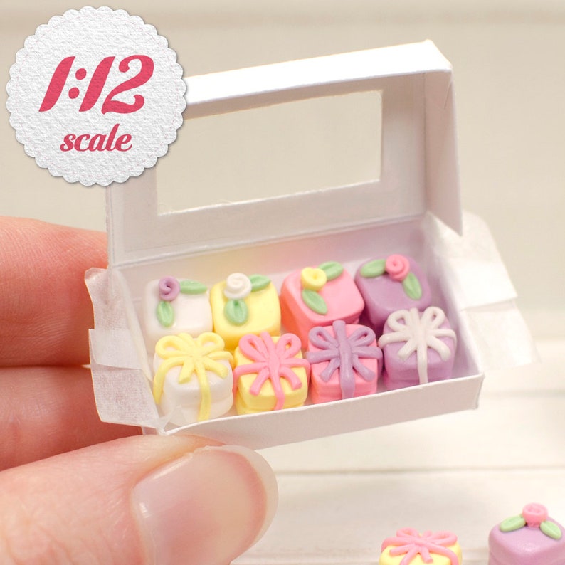 1:12 Miniature Petit Fours Pastel 8pc, Mini Cakes for One Inch Scale Dollhouse, 1/12 Scale Food for Dollhouse image 1