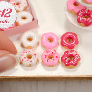 1:12 Miniature Donuts - Pink Mix (6 pc), Doughnuts for One Inch Scale Dollhouse, Mini Box of Donuts