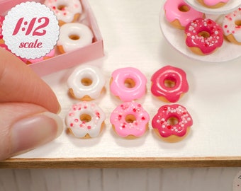 1:12 Miniature Donuts - Pink Mix (6 pc), Doughnuts for One Inch Scale Dollhouse, Mini Box of Donuts