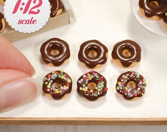 1:12 Miniature Donuts - Chocolate Mix (6 pc), Doughnuts for One Inch Scale Dollhouse, Mini Box of Donuts